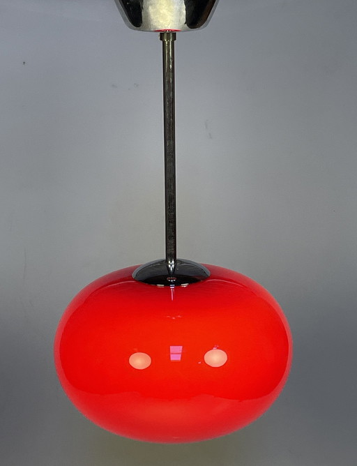 Red Glass Pendant Lamp With Chrome Fixture, 1980'S