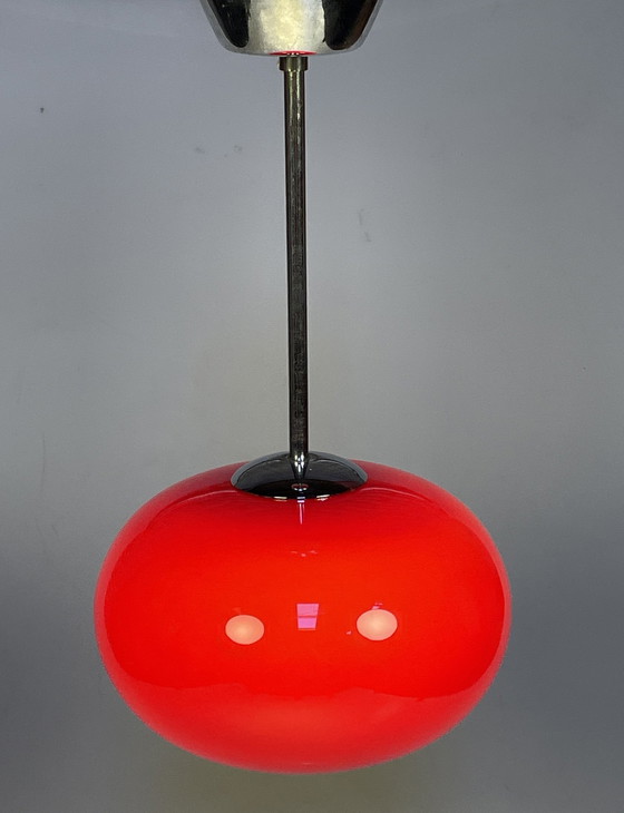 Image 1 of Red Glass Pendant Lamp With Chrome Fixture, 1980'S