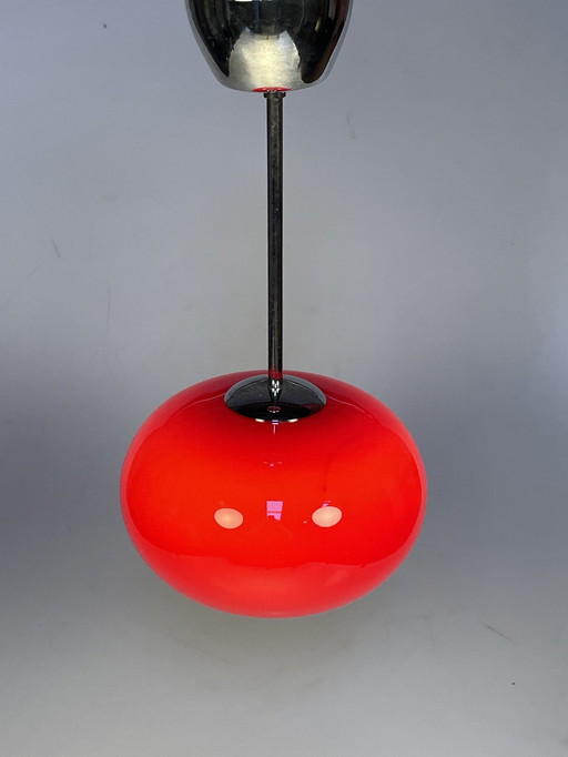 Red Glass Pendant Lamp With Chrome Fixture, 1980'S