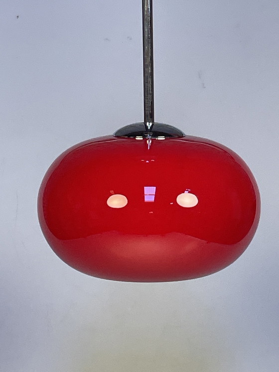 Image 1 of Red Glass Pendant Lamp With Chrome Fixture, 1980'S