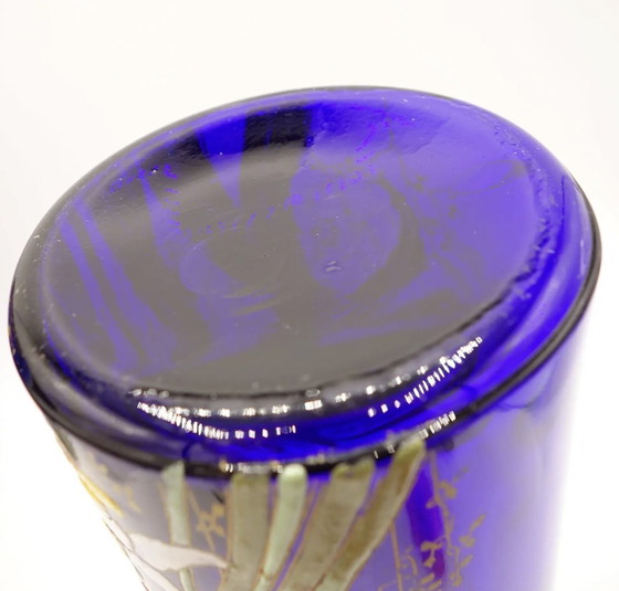 Image 1 of Cylindre Compiègne" Daffodil Vase - Royal Blue Enameled Glass. Legras