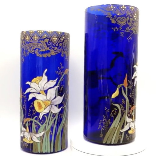 Cylindre Compiègne" Daffodil Vase - Royal Blue Enameled Glass. Legras