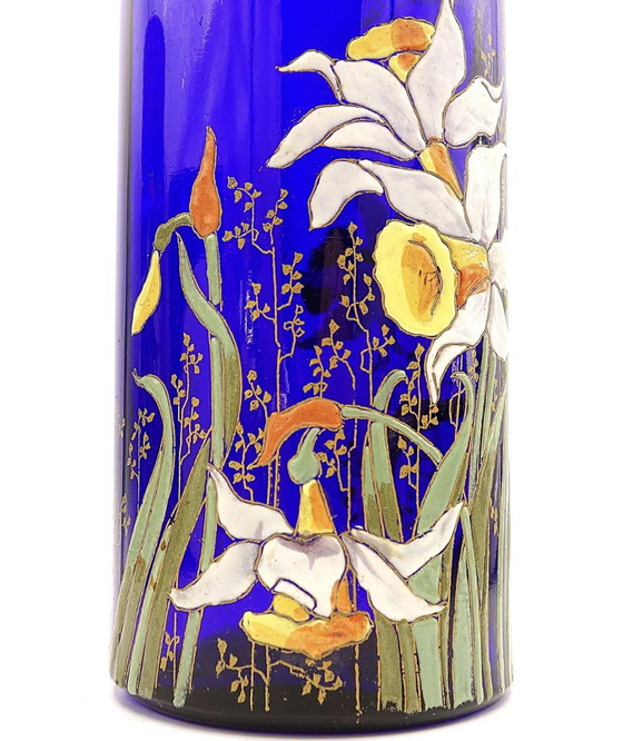 Image 1 of Cylindre Compiègne" Daffodil Vase - Royal Blue Enameled Glass. Legras