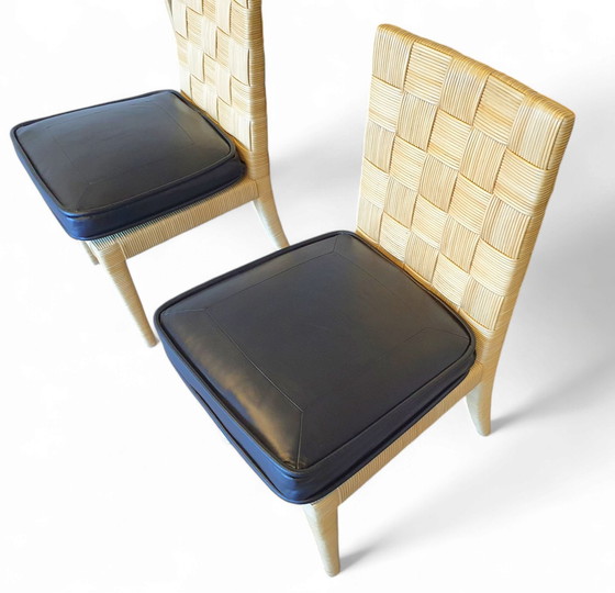 Image 1 of Sedie Donghia Block Island anni '90 con sedute in pelle originali. 5 braccioli, 2 senza. Di John Hutton.