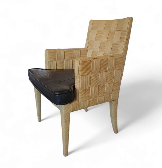 Image 1 of Sedie Donghia Block Island anni '90 con sedute in pelle originali. 5 braccioli, 2 senza. Di John Hutton.