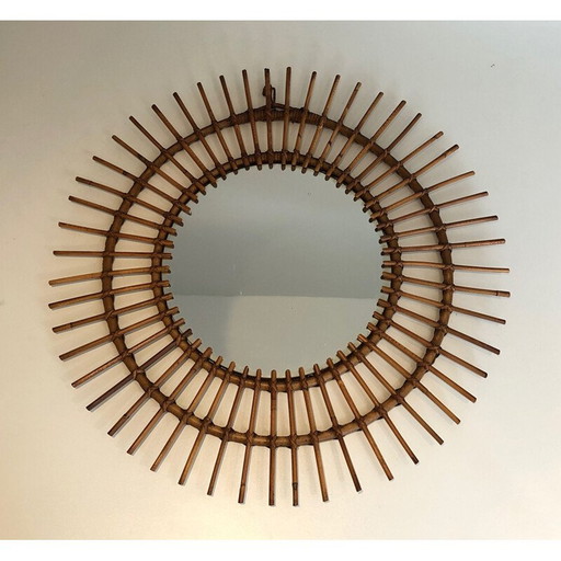 Specchio rotondo vintage in rattan, Francia 1950
