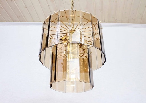 Italian Chandelier In Brass And Beveled Glass 1970