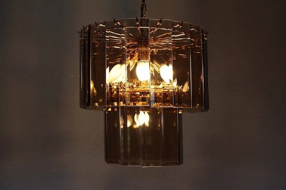 Image 1 of Italian Chandelier In Brass And Beveled Glass 1970