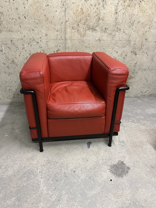 Lc2 Red Leather Armchair by Le Corbusier Cassina Edition