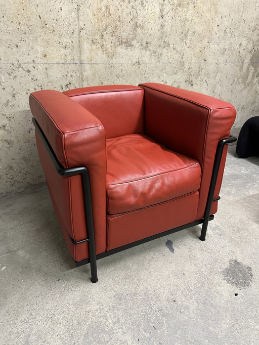 Lc2 Red Leather Armchair by Le Corbusier Cassina Edition