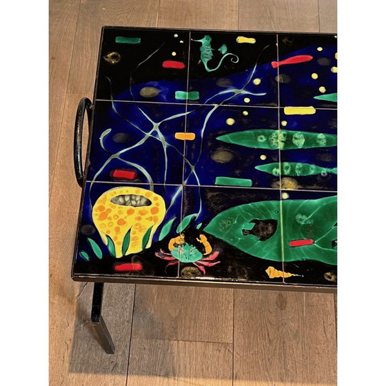 Image 1 of Tavolino da caffè vintage in metallo laccato nero e ceramica, 1950