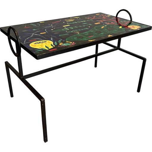 Vintage coffee table in black lacquered metal and ceramic, 1950