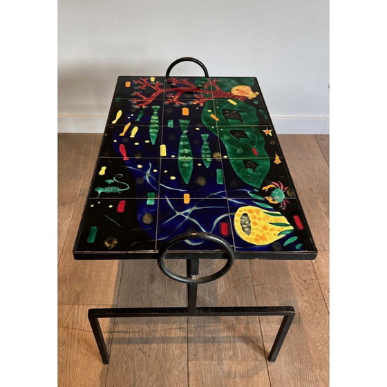 Image 1 of Tavolino da caffè vintage in metallo laccato nero e ceramica, 1950