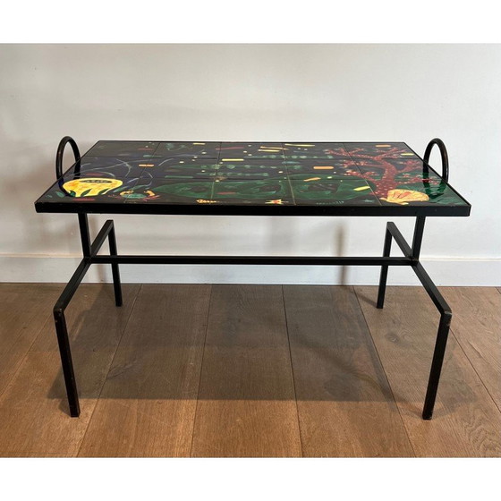 Image 1 of Tavolino da caffè vintage in metallo laccato nero e ceramica, 1950