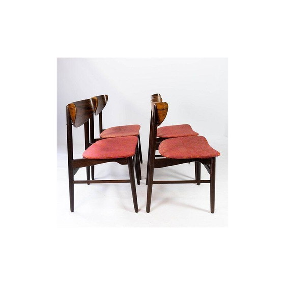 Image 1 of 4 vintage dining room chairs in rosewood and upholstered with red fabric, Denmark 1960s