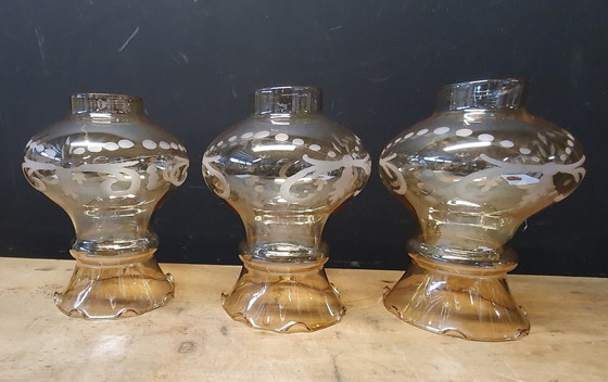 Image 1 of 1855 Vintage Smokey Glass Lampshades