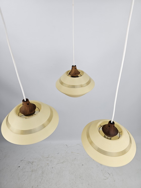 Image 1 of Rotaflex pendant lamp 1950s chandelier of 3 with teak details