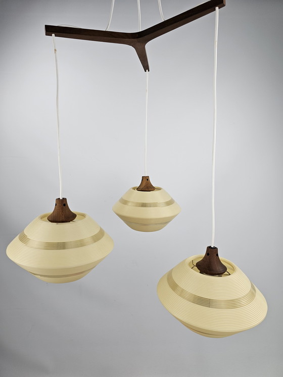 Image 1 of Rotaflex pendant lamp 1950s chandelier of 3 with teak details