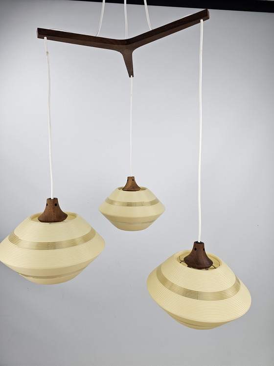 Image 1 of Rotaflex pendant lamp 1950s chandelier of 3 with teak details