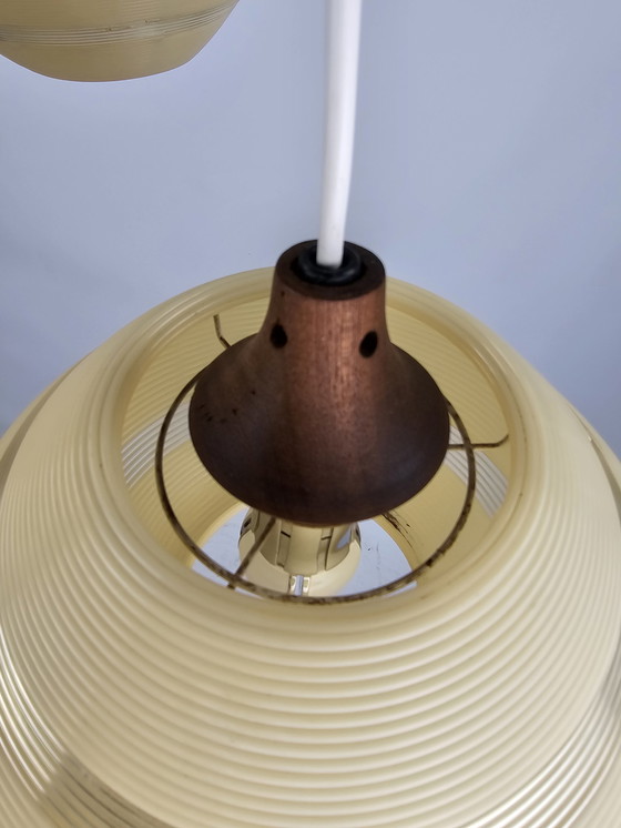 Image 1 of Rotaflex pendant lamp 1950s chandelier of 3 with teak details