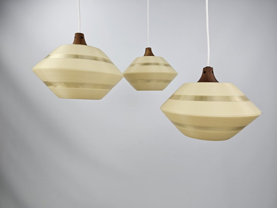 Image 1 of Rotaflex pendant lamp 1950s chandelier of 3 with teak details