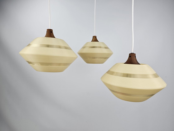 Image 1 of Rotaflex pendant lamp 1950s chandelier of 3 with teak details