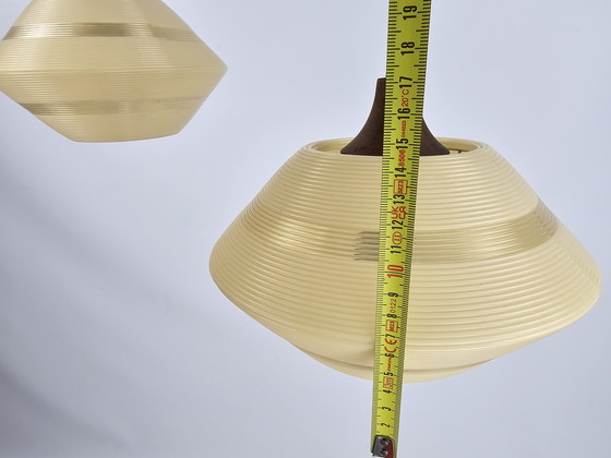 Image 1 of Rotaflex pendant lamp 1950s chandelier of 3 with teak details