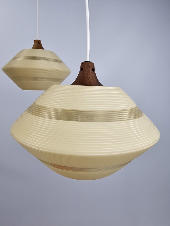 Image 1 of Rotaflex pendant lamp 1950s chandelier of 3 with teak details