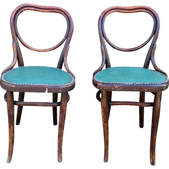 Image 1 of Coppia di sedie vintage Thonet n. 28 a forma di cuore in similpelle verde