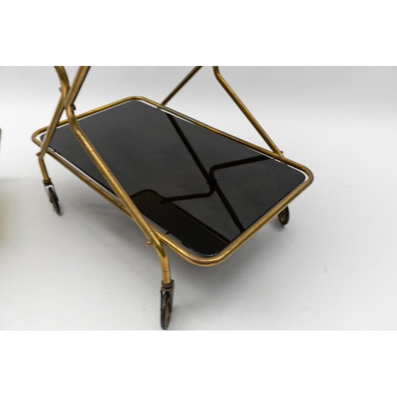 Image 1 of Pair of vintage brass and glass serving carts, 1950