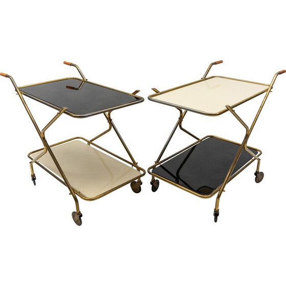 Image 1 of Pair of vintage brass and glass serving carts, 1950