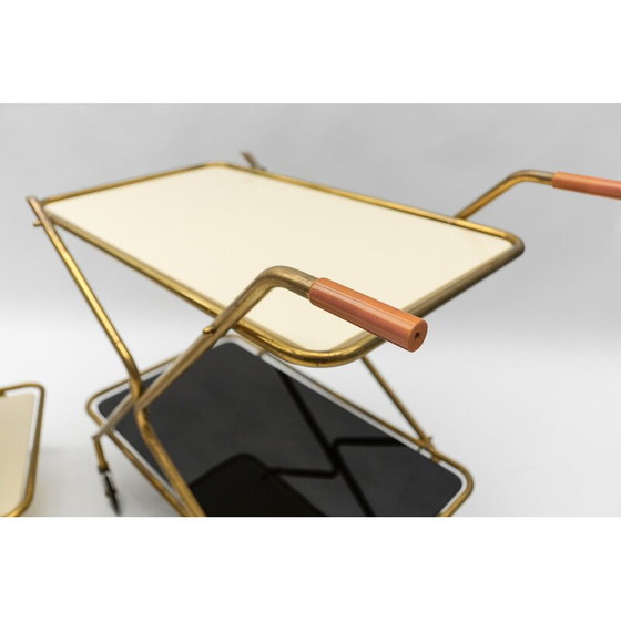 Image 1 of Pair of vintage brass and glass serving carts, 1950