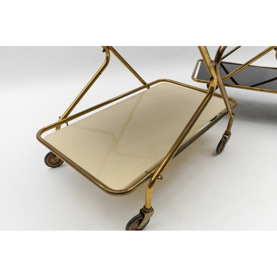 Image 1 of Pair of vintage brass and glass serving carts, 1950
