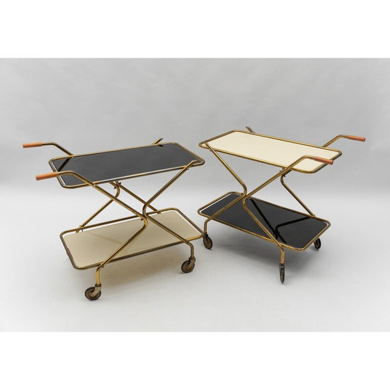Image 1 of Pair of vintage brass and glass serving carts, 1950