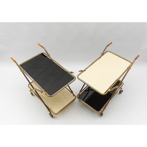 Image 1 of Pair of vintage brass and glass serving carts, 1950