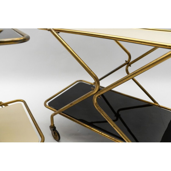 Image 1 of Pair of vintage brass and glass serving carts, 1950