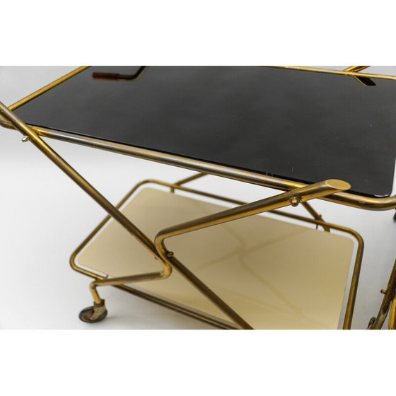 Image 1 of Pair of vintage brass and glass serving carts, 1950