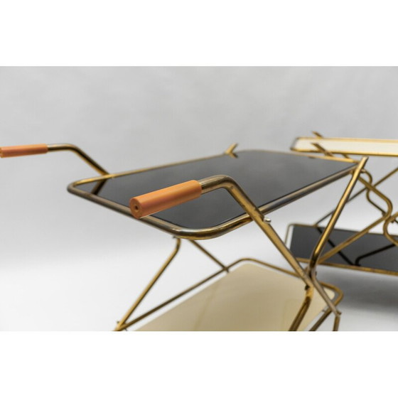 Image 1 of Pair of vintage brass and glass serving carts, 1950