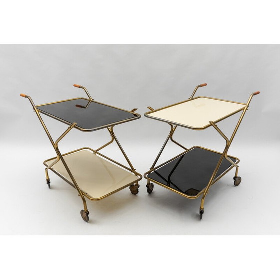 Image 1 of Pair of vintage brass and glass serving carts, 1950