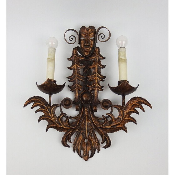 Image 1 of Pair of vintage golden wrought iron wall lights "Venetian Mask", France 1970