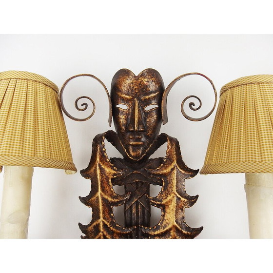 Image 1 of Pair of vintage golden wrought iron wall lights "Venetian Mask", France 1970