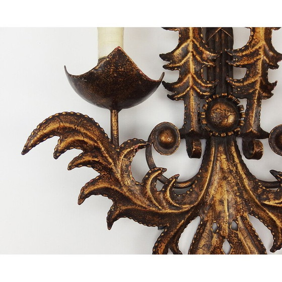 Image 1 of Pair of vintage golden wrought iron wall lights "Venetian Mask", France 1970