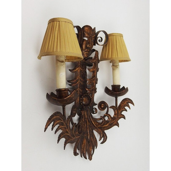Image 1 of Pair of vintage golden wrought iron wall lights "Venetian Mask", France 1970