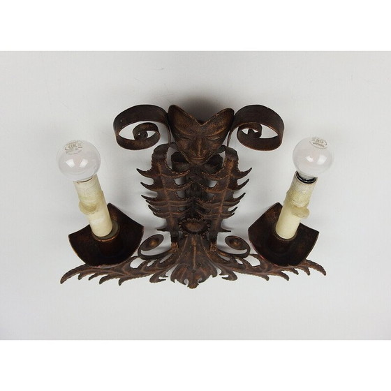 Image 1 of Pair of vintage golden wrought iron wall lights "Venetian Mask", France 1970
