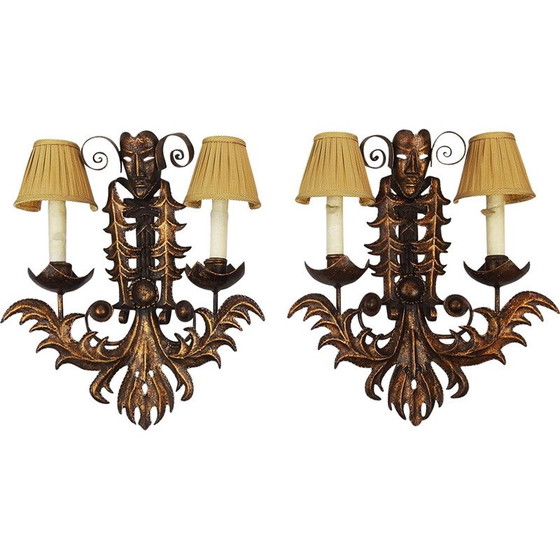 Image 1 of Pair of vintage golden wrought iron wall lights "Venetian Mask", France 1970