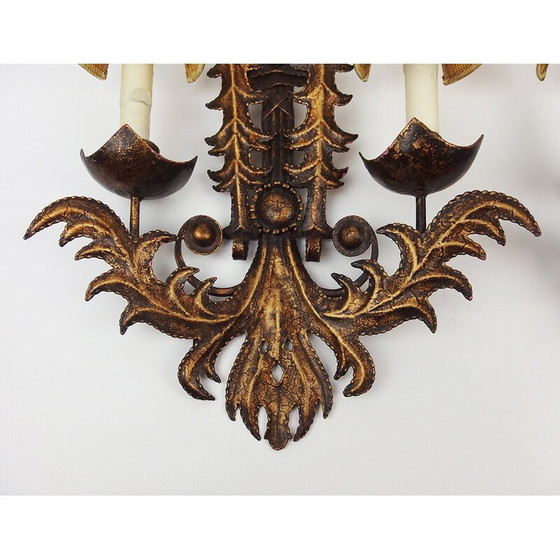 Image 1 of Pair of vintage golden wrought iron wall lights "Venetian Mask", France 1970