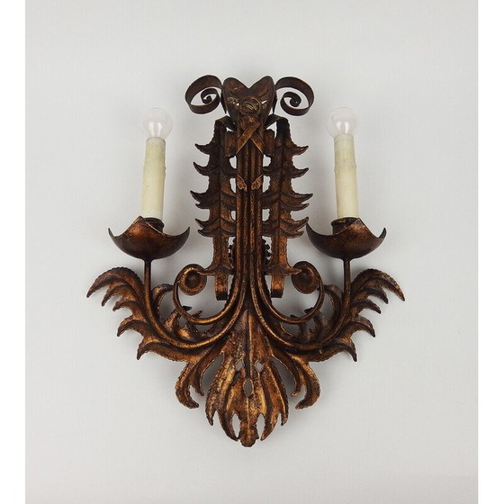 Image 1 of Pair of vintage golden wrought iron wall lights "Venetian Mask", France 1970