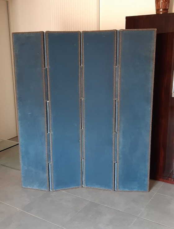 Image 1 of Antique Blue Velvet 4 Leaf or 4 Panel Screen. Recto-Verso