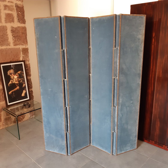 Image 1 of Antique Blue Velvet 4 Leaf or 4 Panel Screen. Recto-Verso