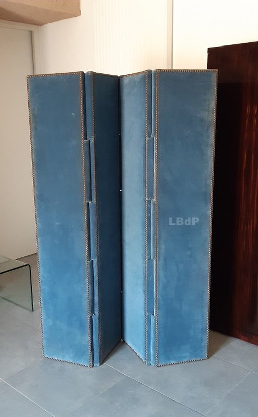 Antique Blue Velvet 4 Leaf or 4 Panel Screen. Recto-Verso